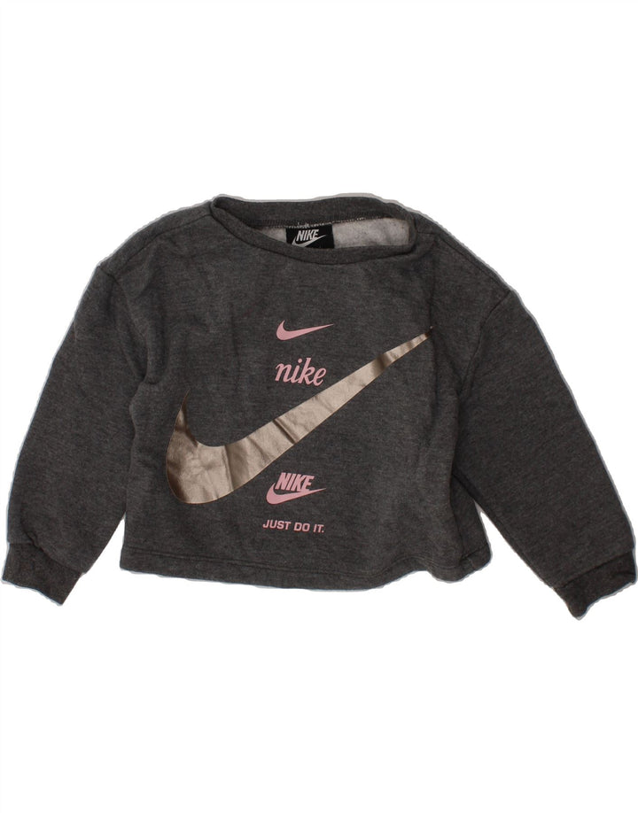 NIKE Girls Graphic Sweatshirt Jumper 2-3 Years Grey Cotton Vintage Nike and Second-Hand Nike from Messina Hembry 