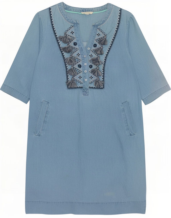 White Stuff Rochie de denim pentru femei cu mâneci 3/4 UK 12 Medium Blue Floral Lyocell