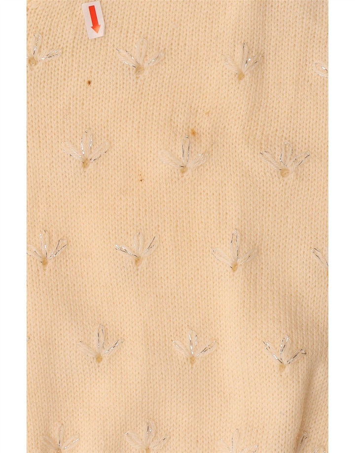 VINTAGE Pulover cu decolteu în V pentru femei UK 14 Medium Alb catifelat Floral