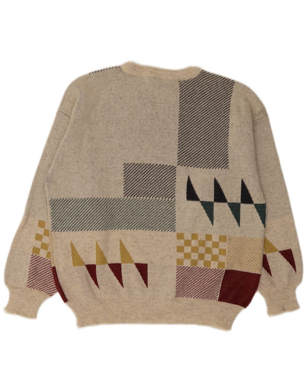Pulover vintage pentru bărbați cu gât roșu IT 48 Medium din lână geometrică alb