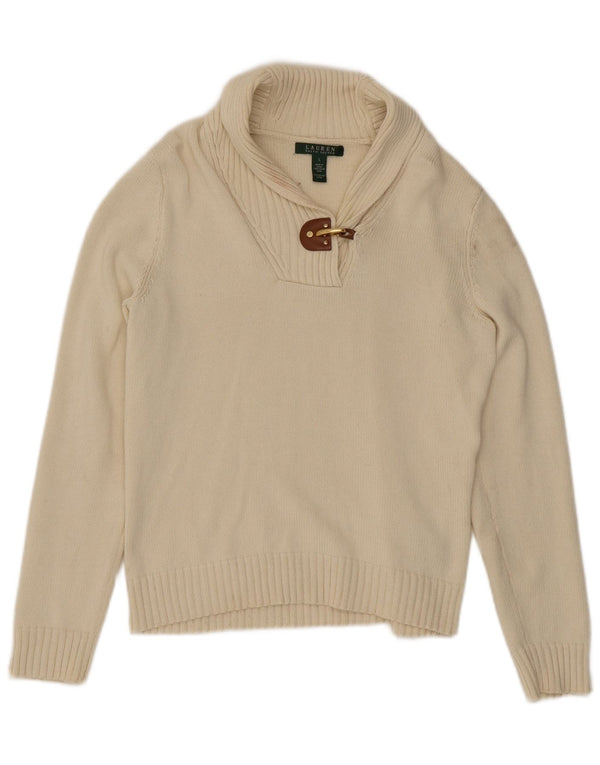 Pulover pentru femei Ralph Lauren cu gât șal, bumbac mare, bej, UK 14