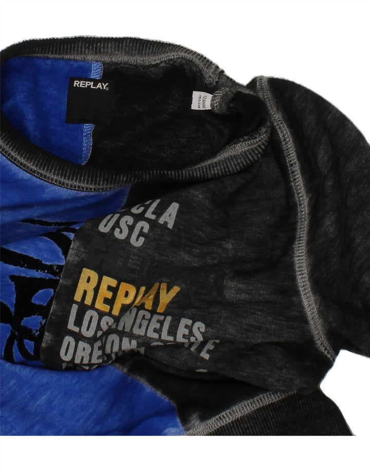 REPLAY Boys Graphic Sweatshirt Jumper 11-12 Years Blue Colourblock Vintage Replay and Second-Hand Replay from Messina Hembry 