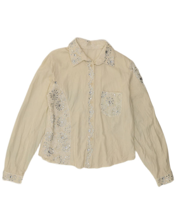 Bluză de cămașă vintage pentru femei UK 12 Medium Off White Floral