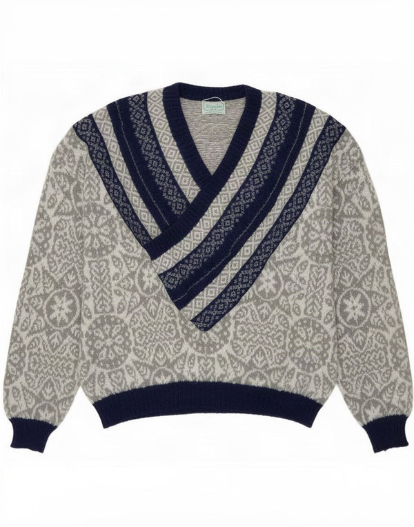 Pulover pentru femei Benetton cu decolteu în V UK 18 XL gri geometric