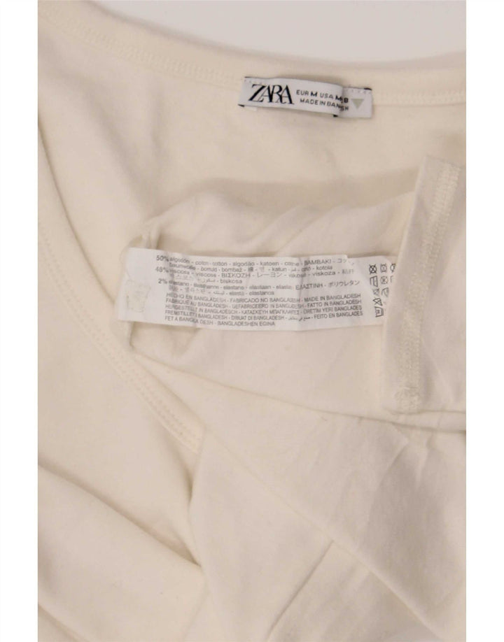 Crop Top pentru femei Zara cu mânecă lungă UK 12, bumbac alb mediu