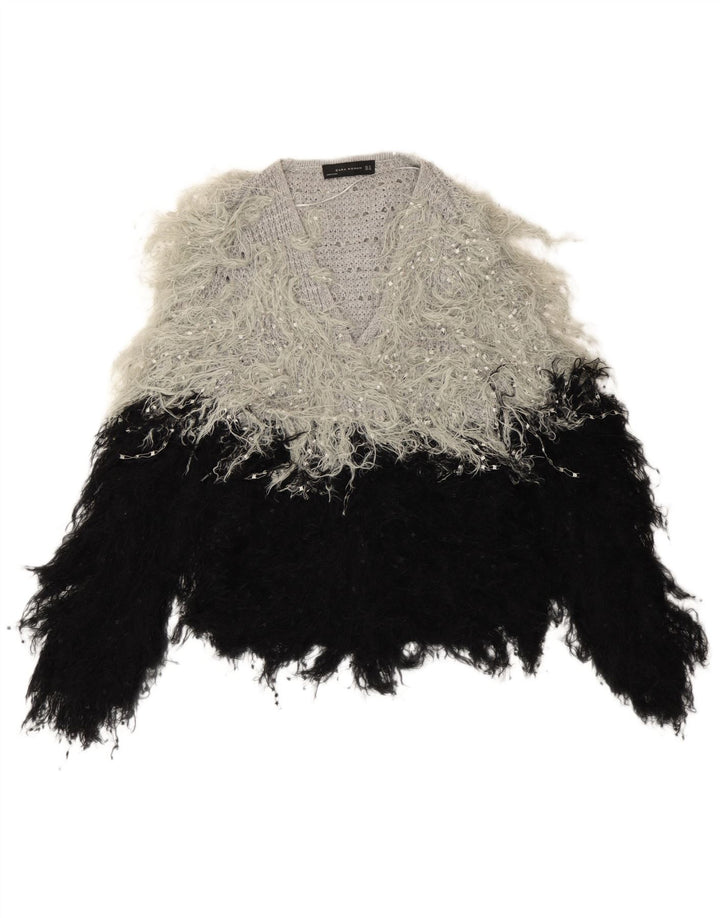 Pulover de damă Zara supradimensionat cu decolteu în V UK 14 Medium Black Colorblock