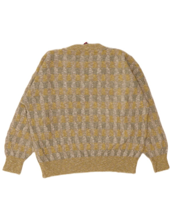 Pulover vintage cu decolteu în V pentru damă UK 18 XL, lenjerie geometrică galbenă