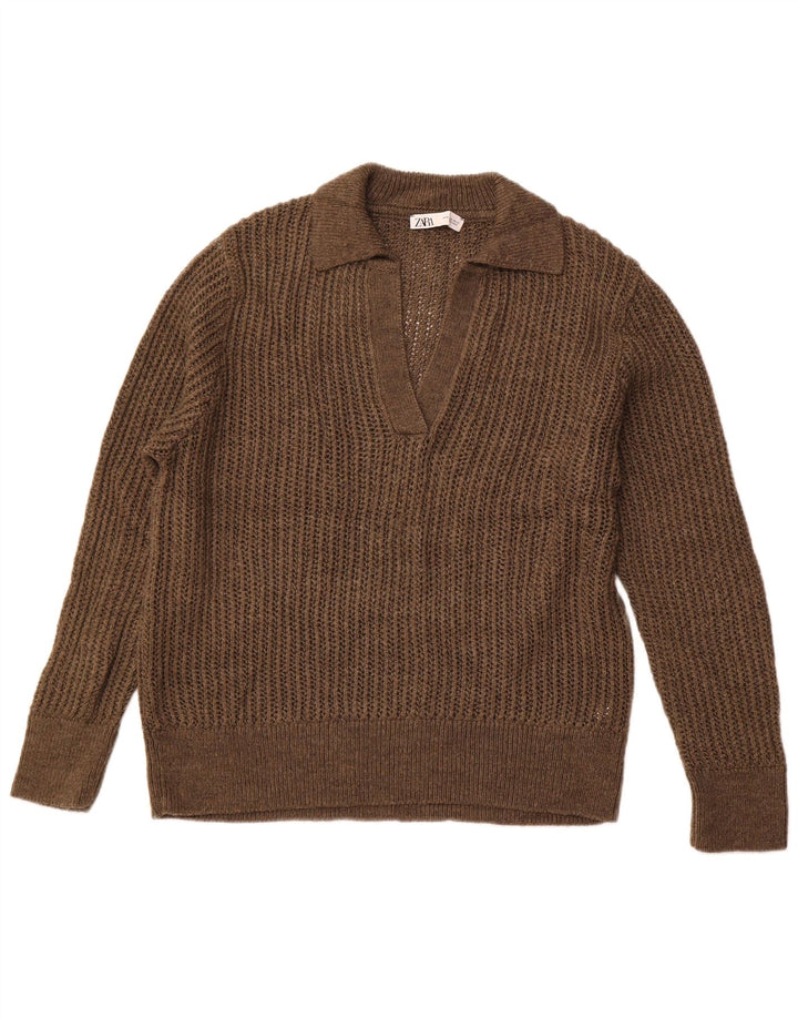 Pulover cu gât polo ZARA pentru femei UK 18 XL maro acrilic