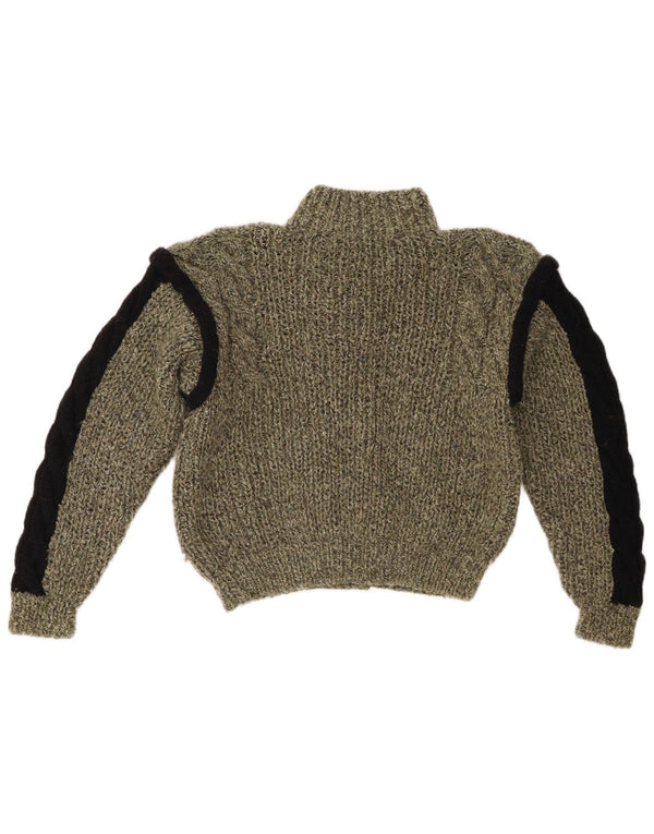 Pulover vintage cardigan crop pentru femei UK 12 Medium Khaki Colorblock Bumbac