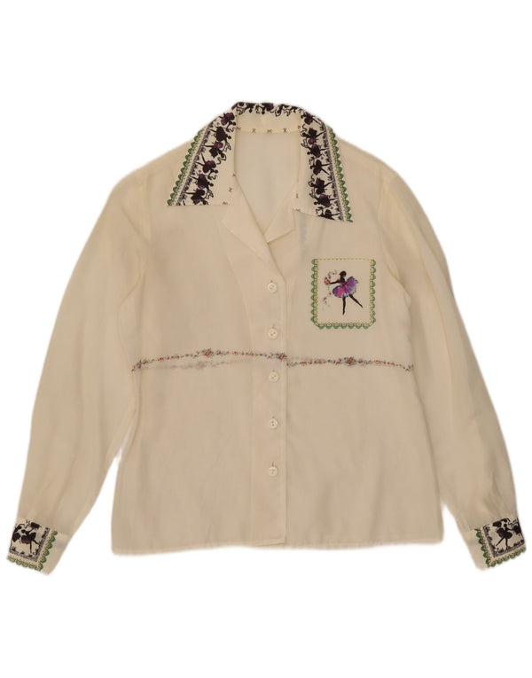 Bluză cămașă transparentă vintage pentru femei IT 44 Medium Off White Floral