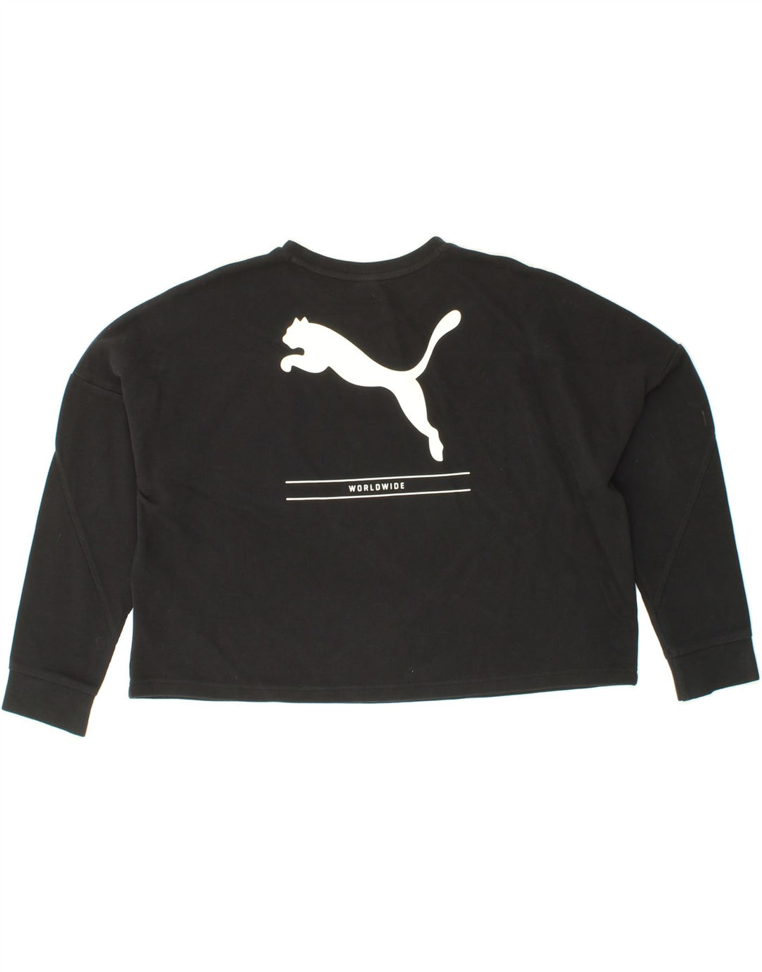 PUMA Womens Oversized Graphic Crop Sweatshirt Jumper UK 10 Small Black Vintage Puma and Second-Hand Puma from Messina Hembry 