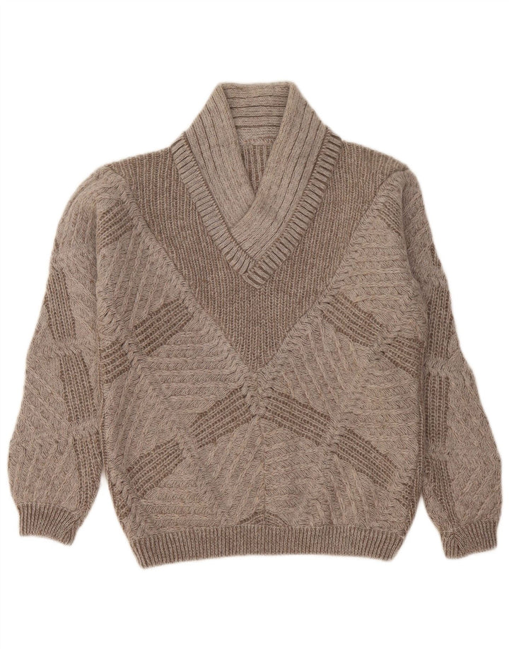 Pulover vintage pentru femei cu decolteu în V UK 14 Medium Gri Geometric