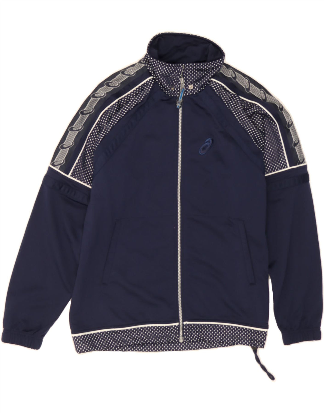 ASICS Mens Graphic Tracksuit Top Jacket XS Navy Blue Polyester Vintage Asics and Second-Hand Asics from Messina Hembry 