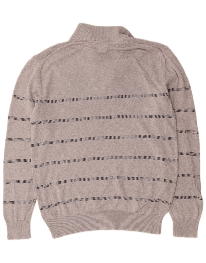 Crew Clothing Pulover pentru bărbați, cu fermoar, cu gât, bumbac cu dungi, gri mediu