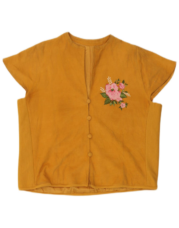 VINTAGE Womens Suede Short Sleeve Shirt Blouse UK 16 Large Yellow Floral