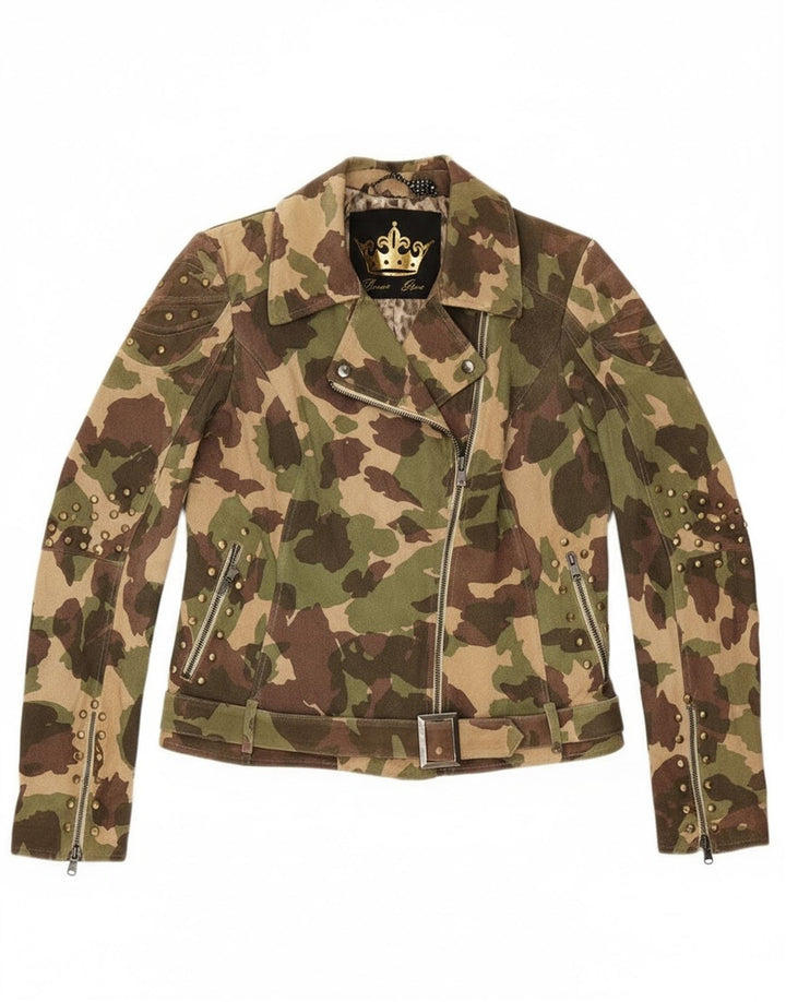 Jachetă de motociclist din piele intoarsa pentru femei vintage UK 16, mare, verde, camuflaj