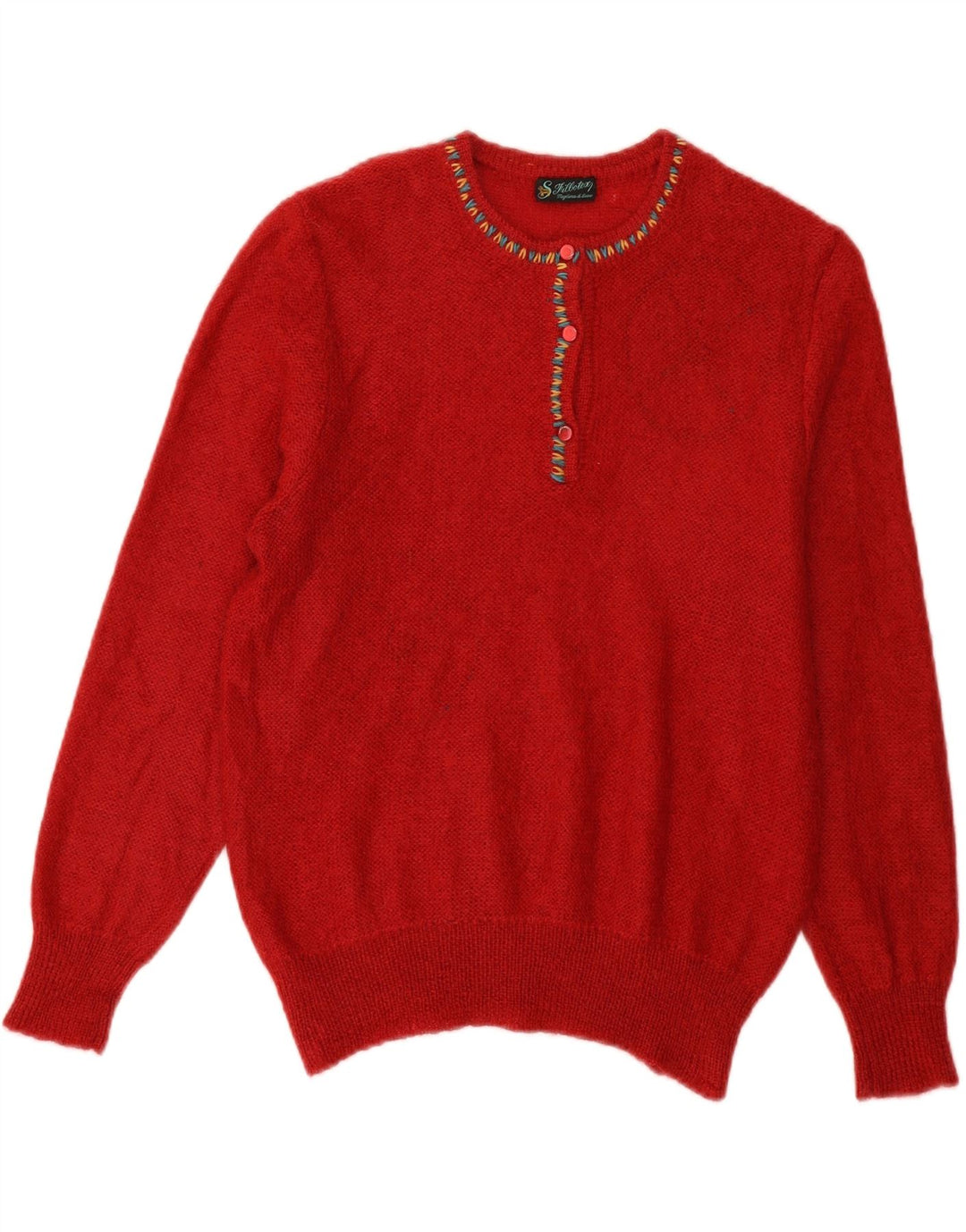 VINTAGE Womens Button Neck Jumper Sweater UK 14 Large Red Vintage Vintage and Second-Hand Vintage from Messina Hembry 