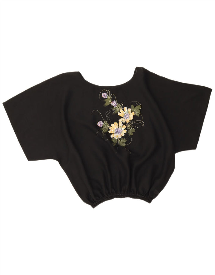 Bluză crop vintage pentru femei UK 16, mare, negru, cu flori din poliester