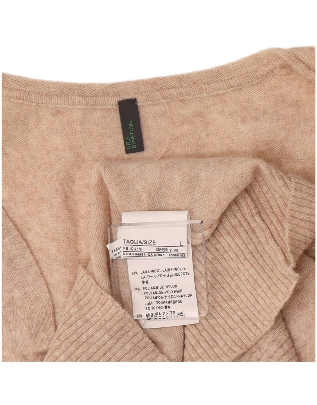 Pulover pentru femei Benetton cu decolteu în V UK 14 Lână mare bej