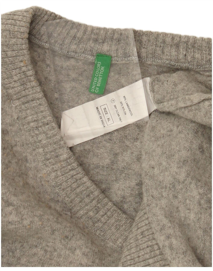 Pulover pentru femei cu decolteu în V BENETTON UK 18 XL, lână de miel gri