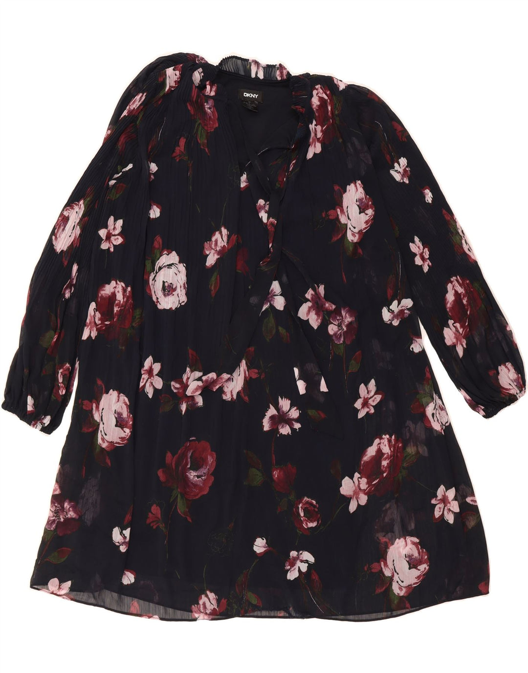 DKNY Womens Long Sleeve Basic Dress EU 42 Large Navy Blue Floral Polyester Vintage Dkny and Second-Hand Dkny from Messina Hembry 