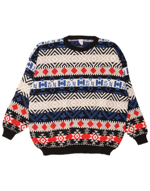 Pulover vintage pentru bărbați cu gâtul turnat, lână geometrică, multicoloră, mare