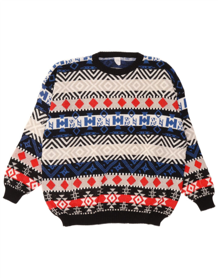 Pulover vintage pentru bărbați cu gâtul turnat, lână geometrică, multicoloră, mare