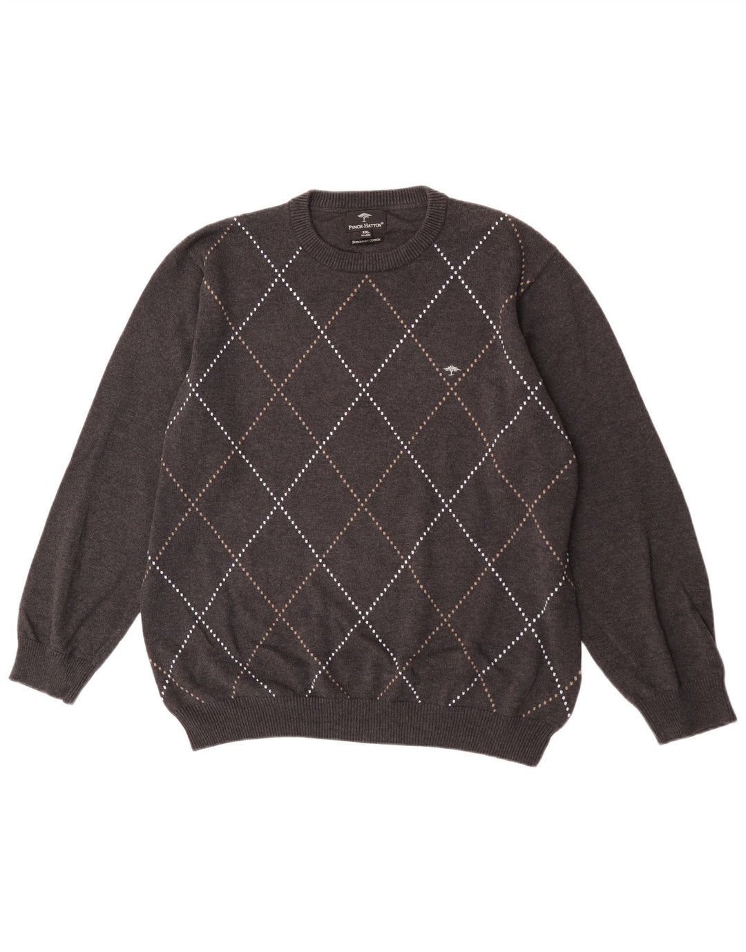 Pulover pentru bărbați Fynch Hatton, cu gât crew, 2XL, bumbac gri Argyle/Diamond