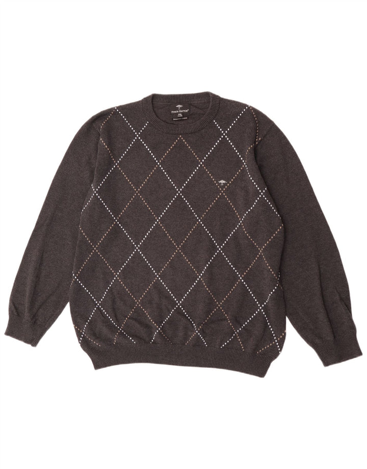 Pulover pentru bărbați Fynch Hatton, cu gât crew, 2XL, bumbac gri Argyle/Diamond