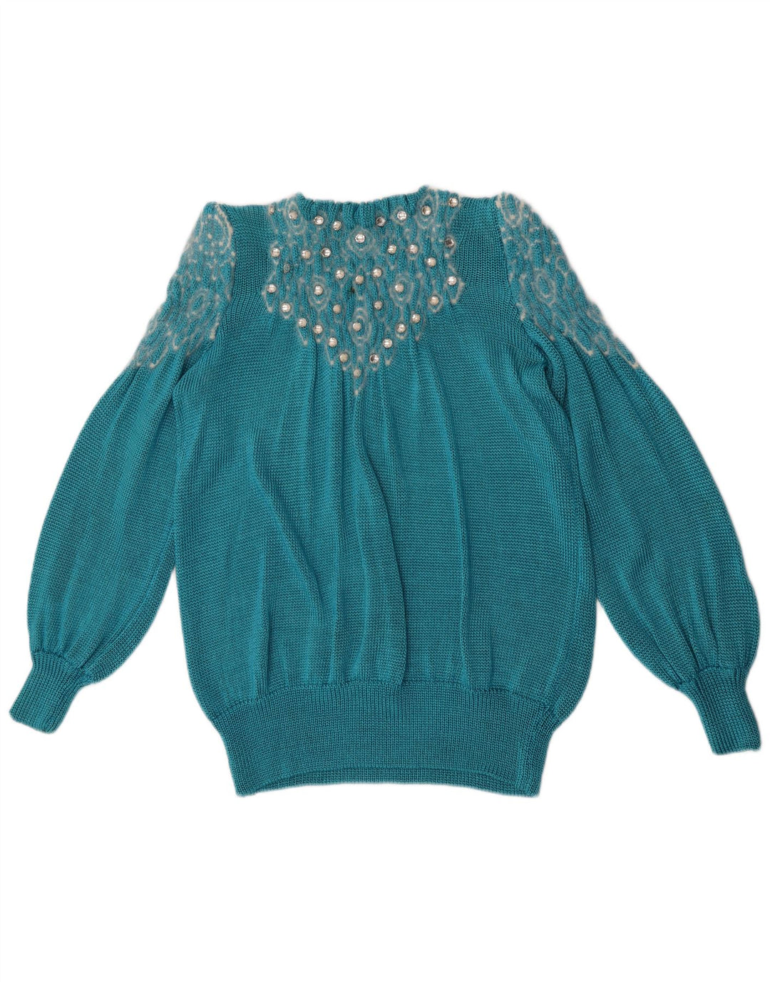 Pulover vintage pentru femei cu model abstract, cu decolteu rotund, mare, albastru UK 14