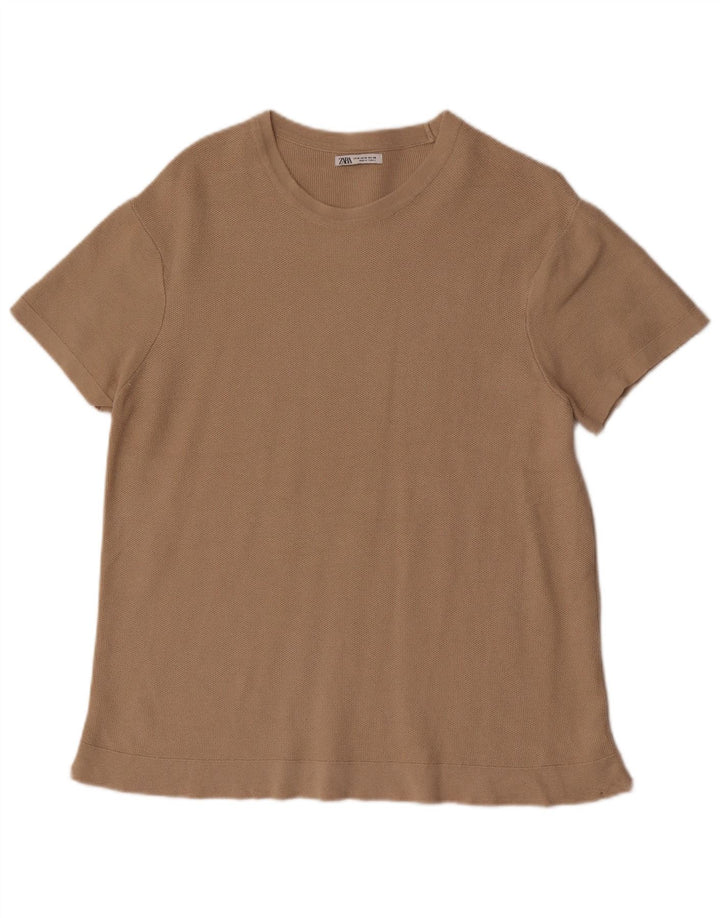 Tricou cu mânecă scurtă pentru bărbați Zara Top din bumbac maro mediu