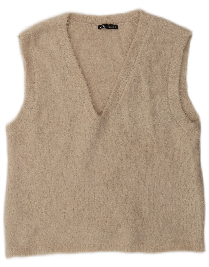 Zara Femei Vest Tank Top UK 14 Medium Bej Poliester
