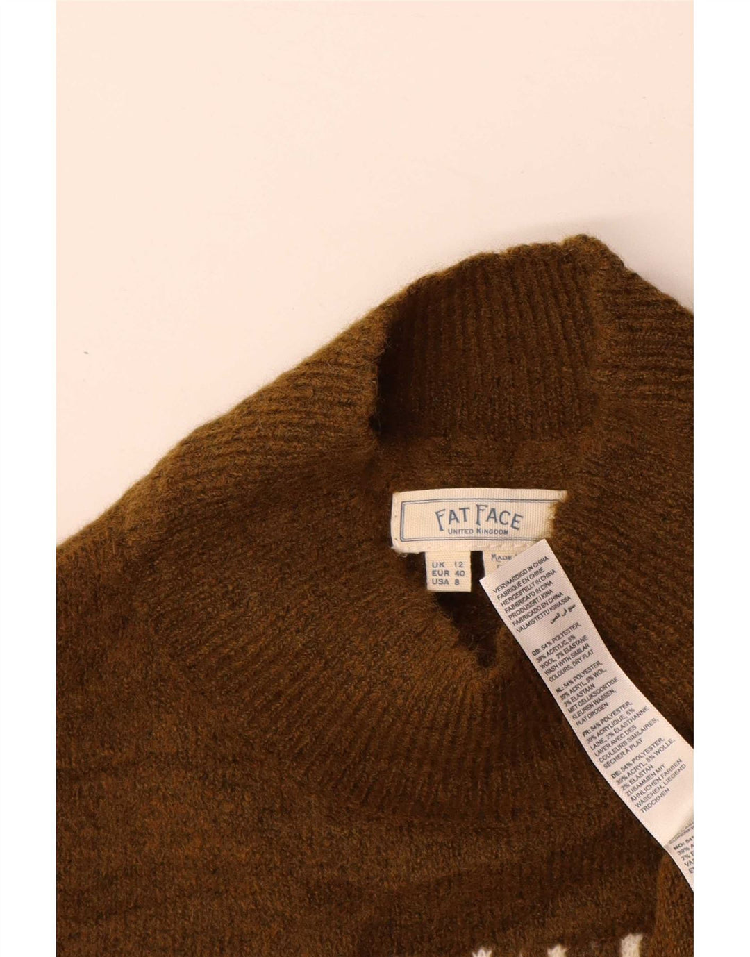 Pulover pentru femei cu gât țestoasă Fat Face UK 12 Medium Khaki Fair Isle