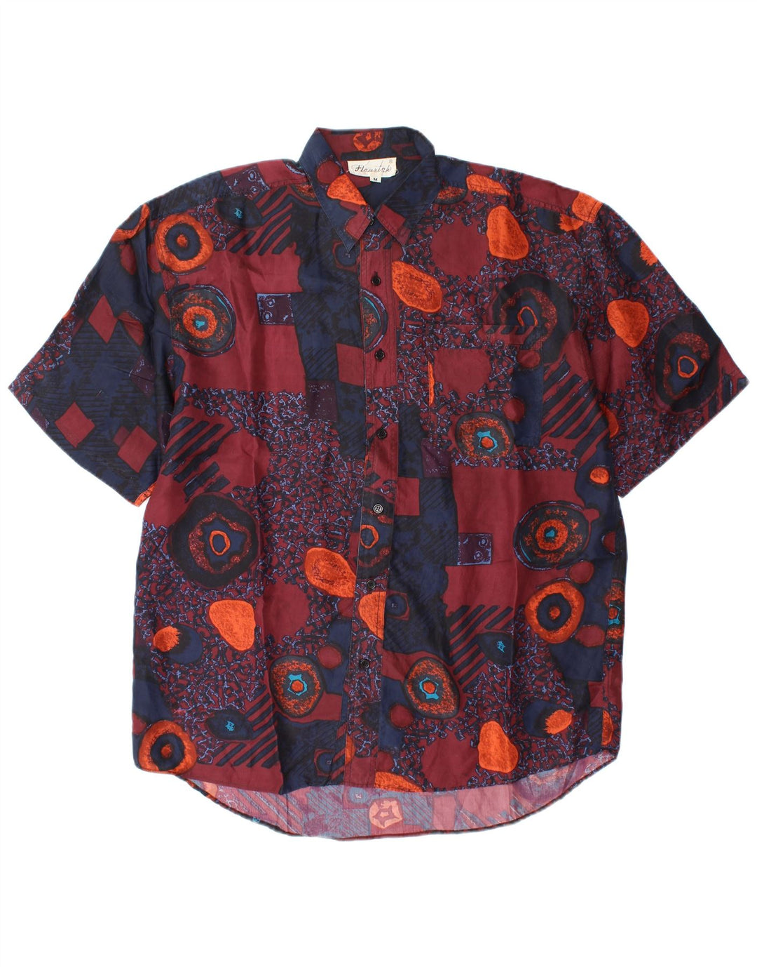 Cămașă Vintage pentru bărbați cu mânecă scurtă din mătase geometrică multicoloră medie