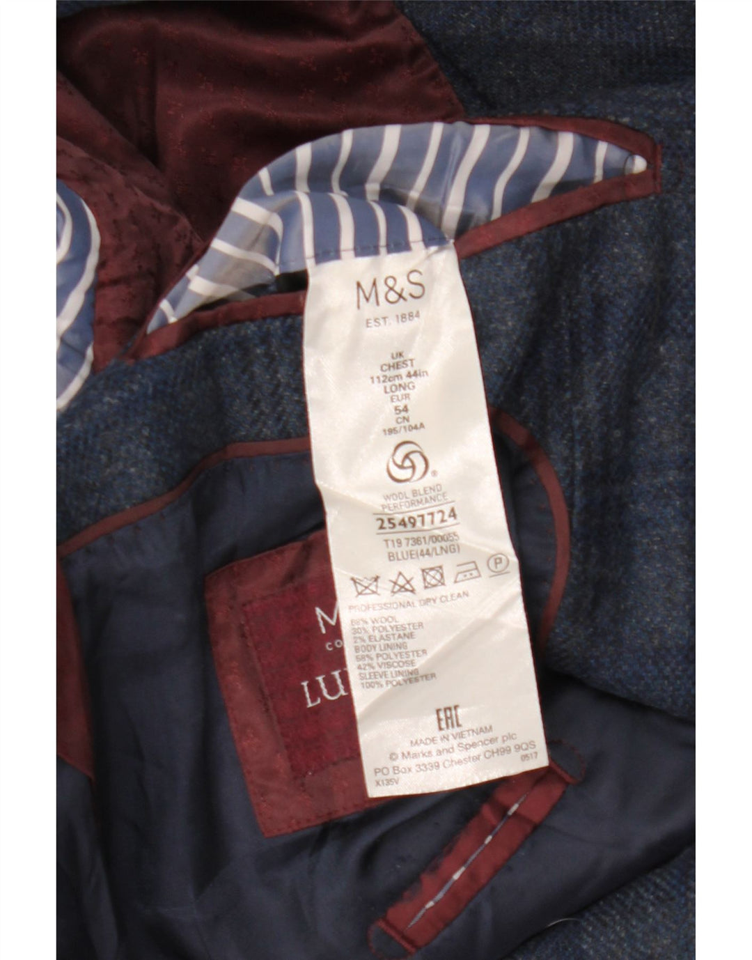 Jachetă pentru bărbați Marks & Spencer pentru bărbați, cu 2 nasturi, UK 44 2XL, lână cu carouri albastre
