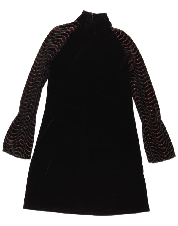 Vintage Womens Long Sleeve Velvet A-Line Dress UK 12 Medium Black Chevron