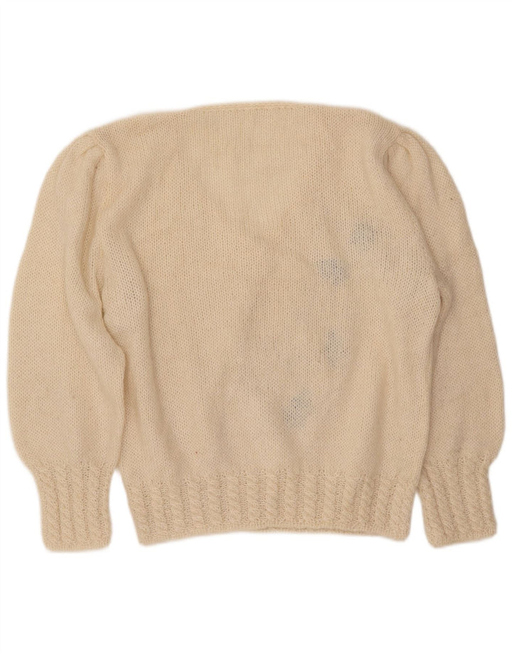 VINTAGE Pulover cu decolteu în V pentru femei UK 16, mare, alb, cu flori