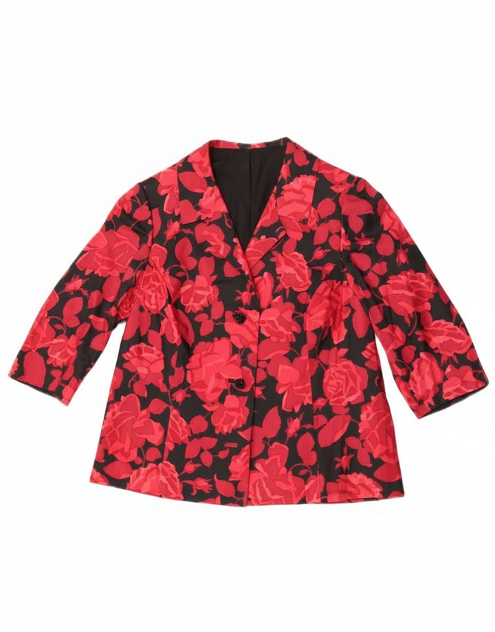 Jachetă vintage pentru femei cu mâneci 3/4 și 2 nasturi, UK 14, roșu mediu, floral