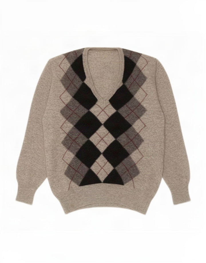 Pulover vintage pentru bărbați cu decolteu în V, mic, gri Argyle/Diamond