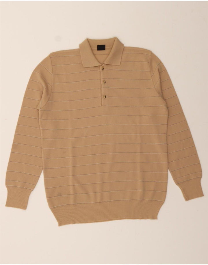 VINTAGE Mens Polo Neck Jumper Sweater Medium Beige Striped Vintage Vintage and Second-Hand Vintage from Messina Hembry 