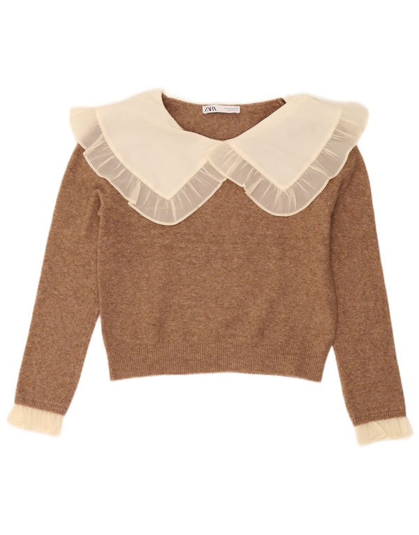 Pulover pentru femeie cu gât de barcă Zara UK 12 Maro Mediu Colorblock