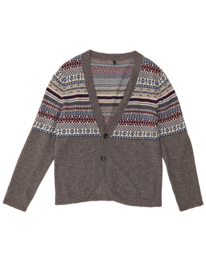 Pulover cardigan pentru femei Benetton UK 14 Gri mediu Lână Fair Isle