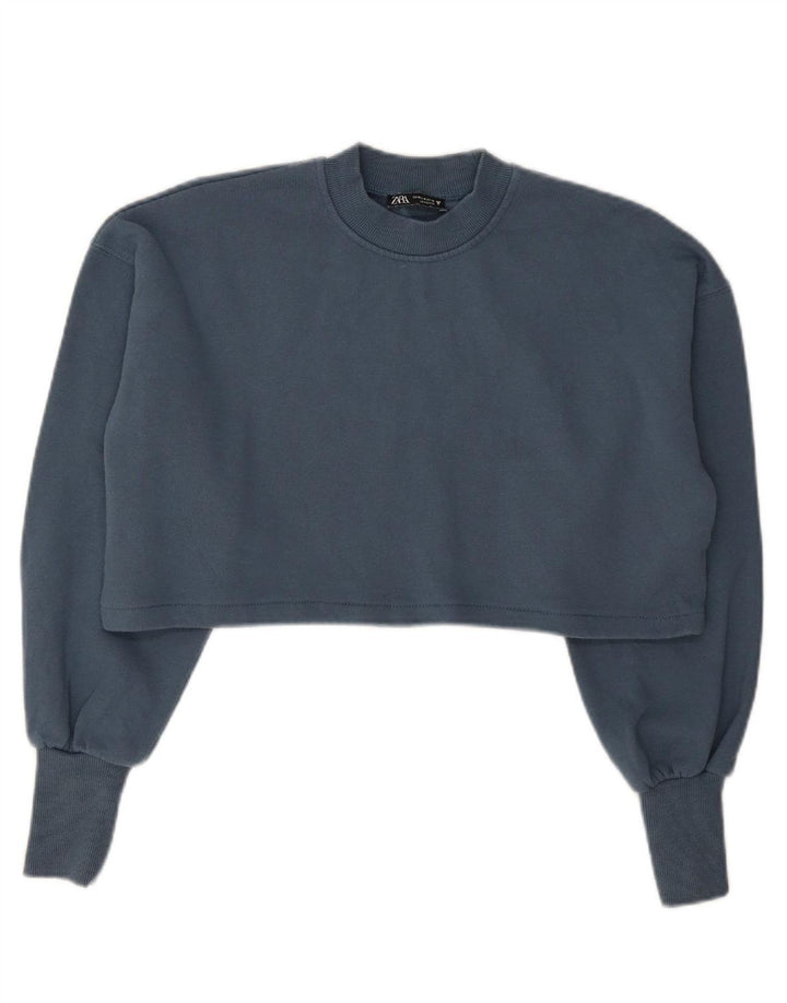 ZARA Womens Crop Sweatshirt Jumper UK 14 Medium Navy Blue Cotton