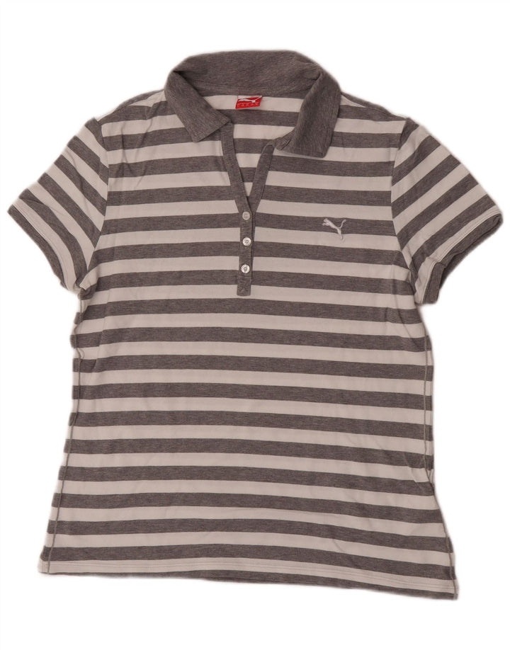 Tricou polo Puma pentru femei UK 14, bumbac cu dungi gri mediu