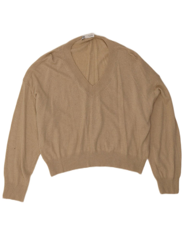 Pulover cu decolteu în V supradimensionat pentru femei Zara UK 14 Medium Bej Viscoză