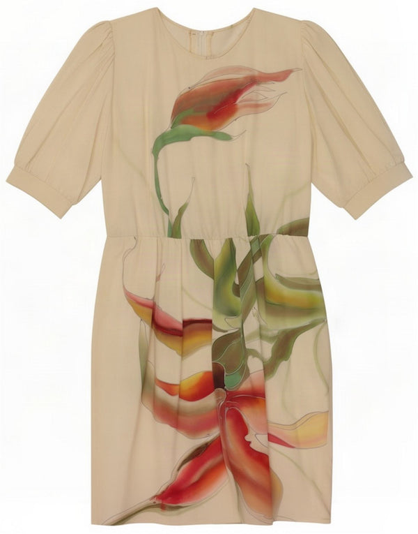 Vintage Womens Graphic Teath Dress UK 12 Medium Off White Floral