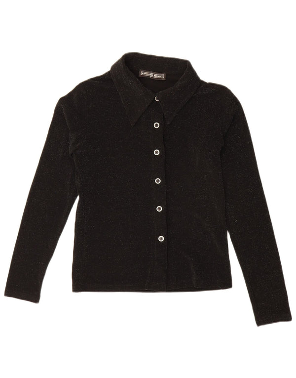 Bluză cămașă vintage pentru femei UK 8 Poliester negru mic