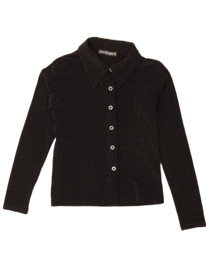 Bluză cămașă vintage pentru femei UK 8 Poliester negru mic