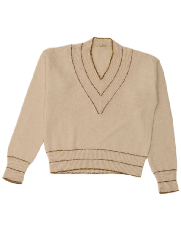 Pulover vintage pentru femei cu decolteu în V UK 10 mic cu dungi albe