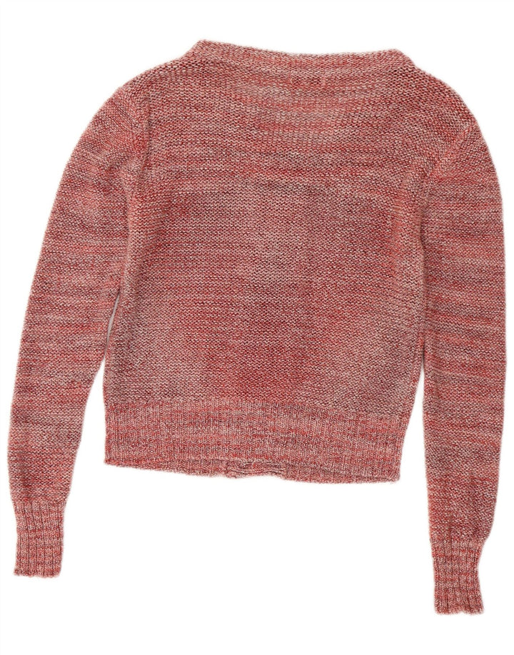 Pulover cardigan crop REISS pentru femei UK 10 mic burgundy bumbac cu pete